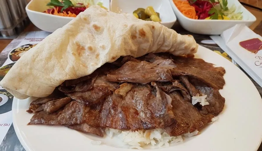 Doner kebab and pickles at Donerci Celal Usta in Sirkeci Istanbul
