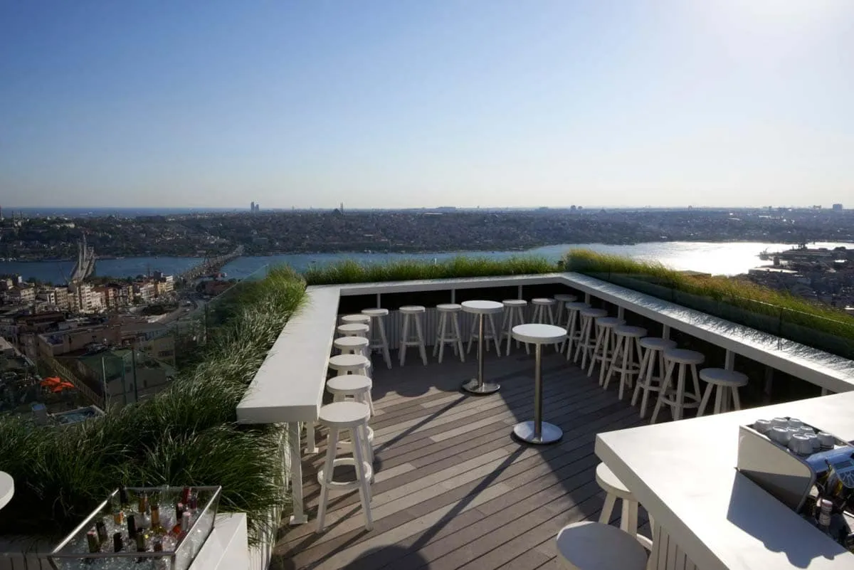 Rooftop bar with white stools and counters overlooking the Golden Horn in Istanbul