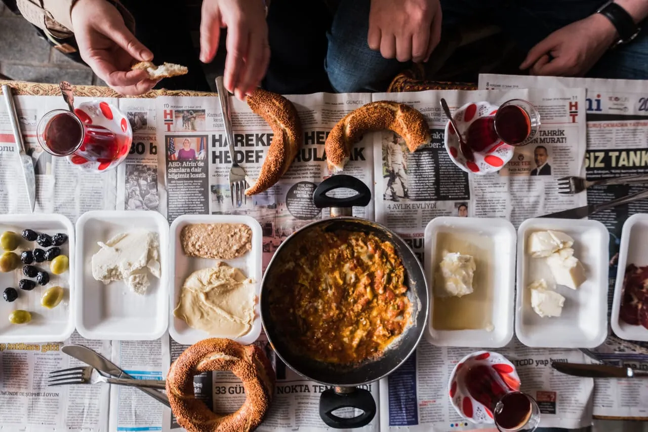 A full Turkish breakfast spread on a table