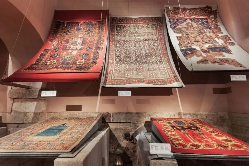 Historic Turkish carpets on display at the Carpet Museum in Sultanahmet