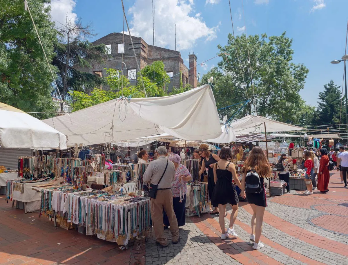 Fashion and textile stalls at the Ortaköy Sosyete weekly market, Istanbul