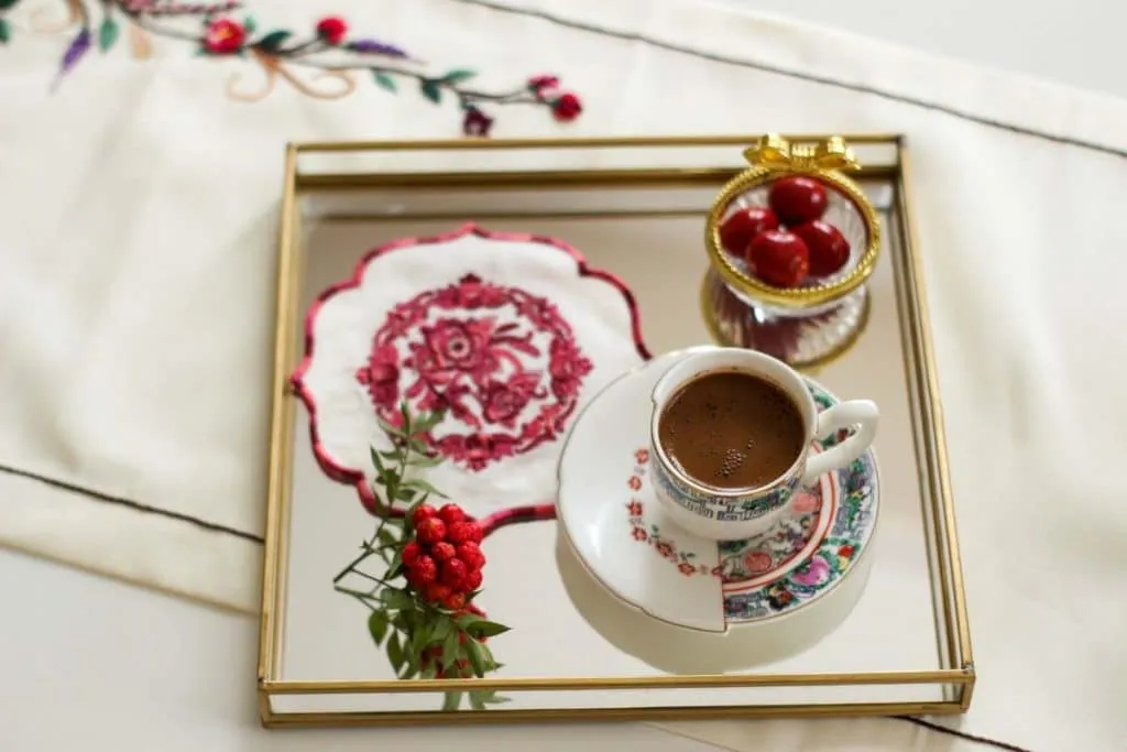 Traditional Turkish coffee presentation on a tray