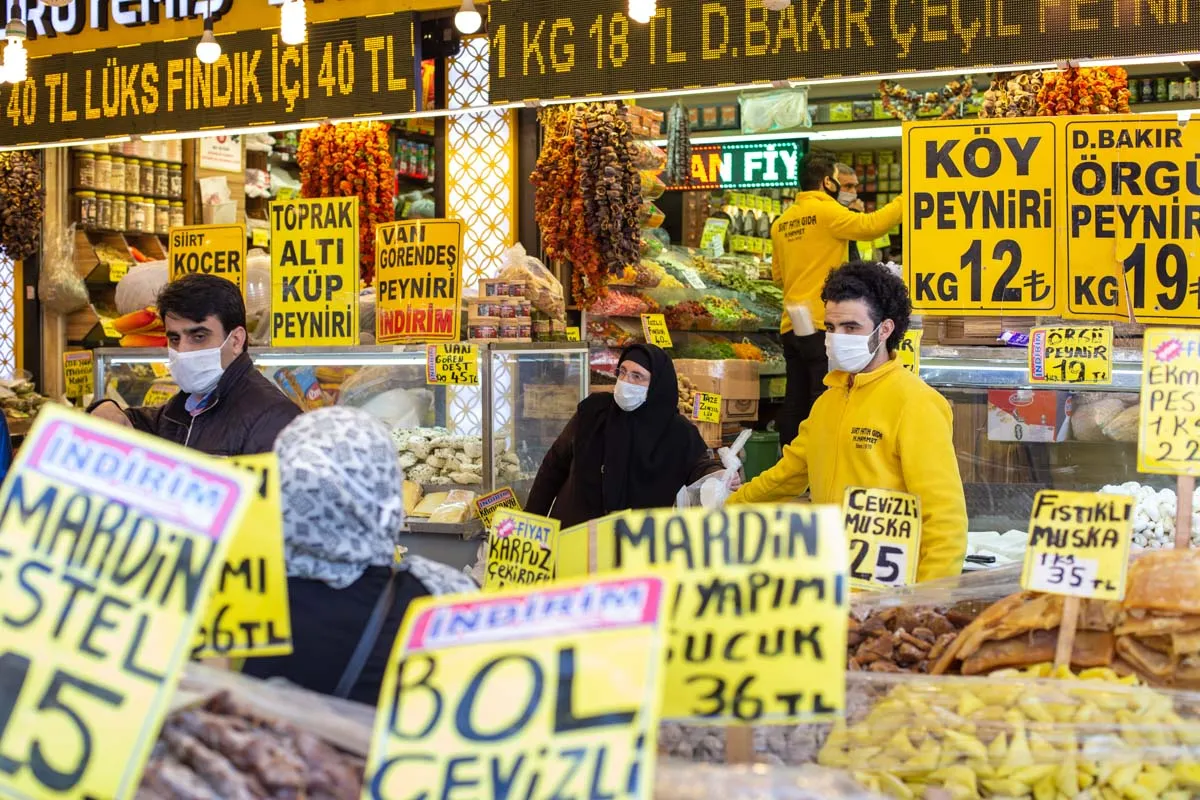 Stalls of nuts, dried fruit and produce at the Fatih Women's Bazaar, Istanbul