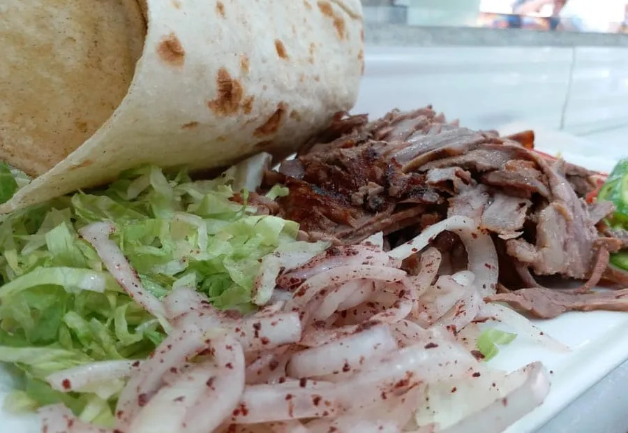 Doner kebab wrap with mashed potato at Zumrut Bufe near the Spice Market in Eminonu Istanbul